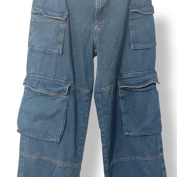 Retro Gorpcorp Blue Denim Cargo Pants Womens Wide Leg Utility Jeans Y2K Style XL - Picture 6 of 7
